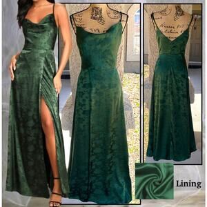 Lulus  Emerald Green Satin Floral Jacquard Simply Dreamy Maxi Dress Size: M